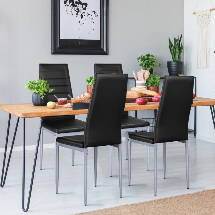 Set of 4 Modern High Back Black PVC Leather Dining Chairs with Metal Legs - Image 2