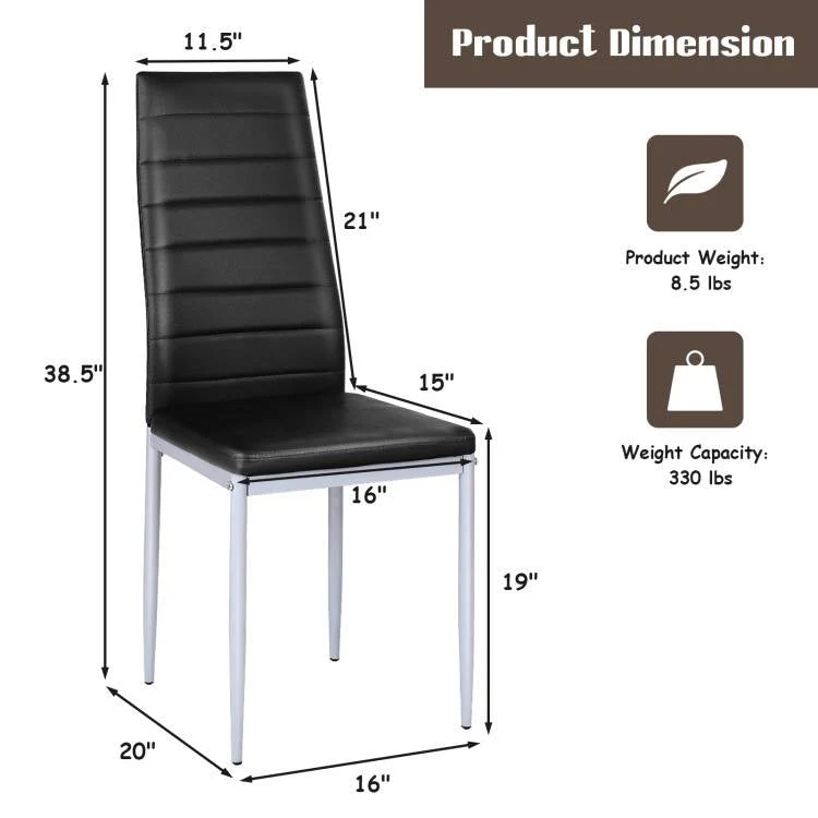 Set of 4 Modern High Back Black PVC Leather Dining Chairs with Metal Legs - Image 5