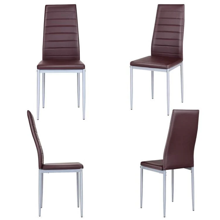 Set of 4 Modern High Back Brown PVC Leather Dining Chairs with Metal Legs - Image 3