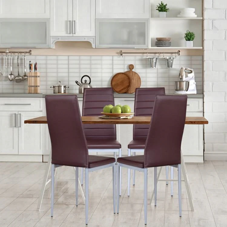 Set of 4 Modern High Back Brown PVC Leather Dining Chairs with Metal Legs - Image 4