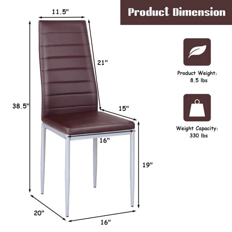 Set of 4 Modern High Back Brown PVC Leather Dining Chairs with Metal Legs - Image 5