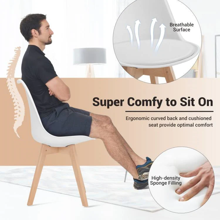 Set of 4 Modern Mid-Century Style White PU Leather Dining Chairs with Wood Legs - Image 4