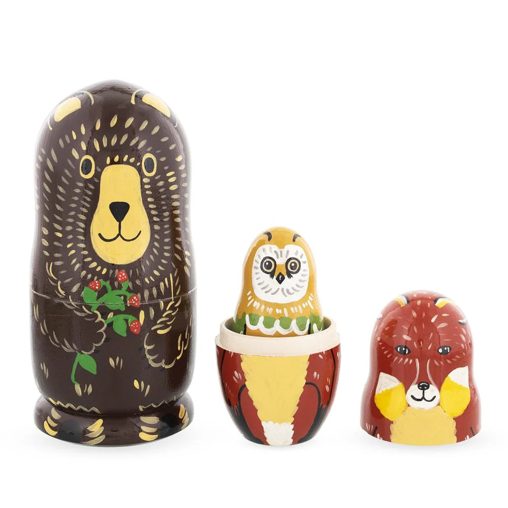 Set of 5 Bear, Fox, Owl, Bunny & Otter Wooden Nesting Dolls 6 Inches - Image 4