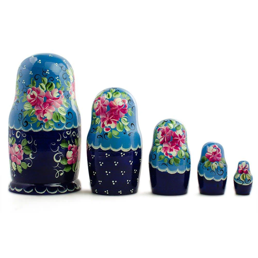 Set of 5 Blue Floral Dress Girls Wooden Nesting Dolls 7 Inches - Image 2