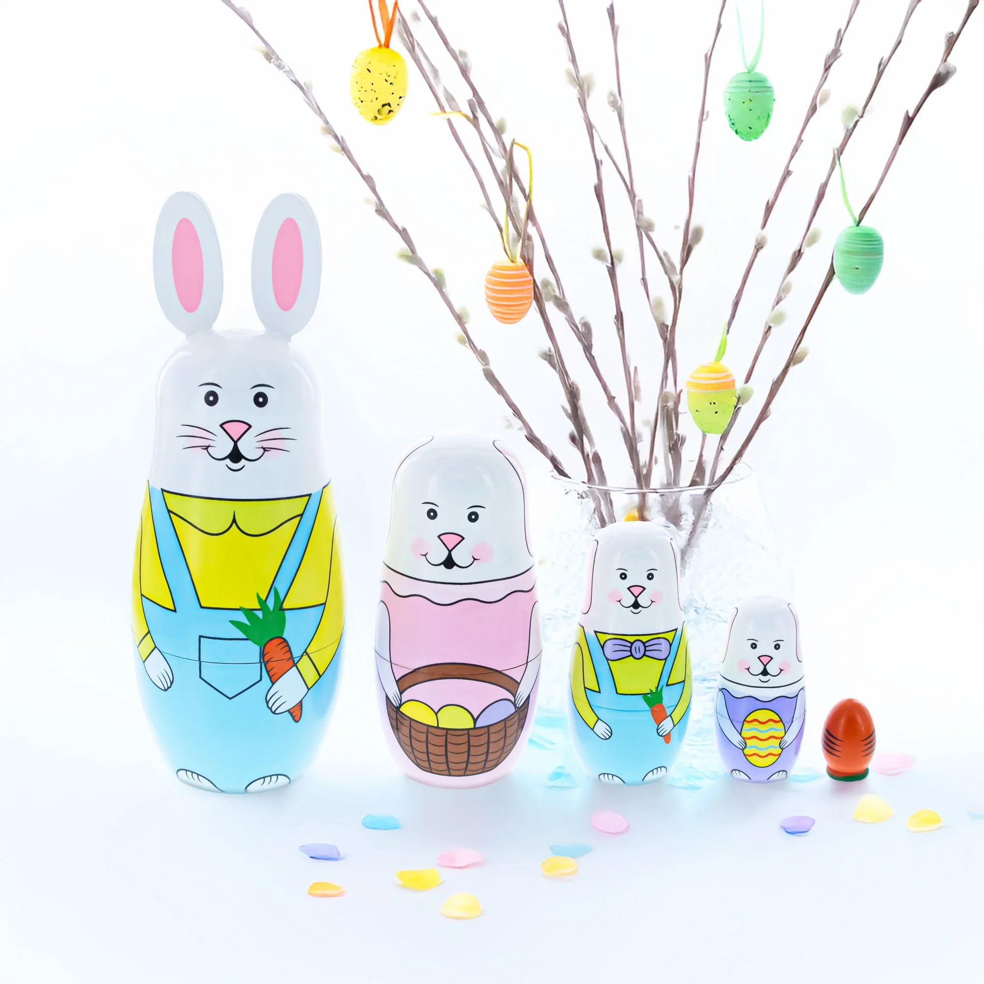 Set of 5 Bunnies Wooden Nesting Dolls 7 Inches Tall - Image 2