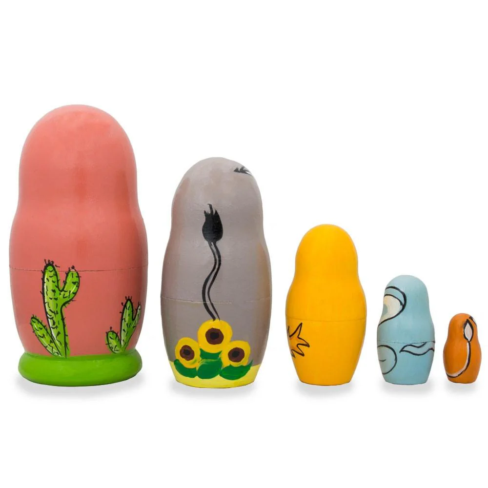 Set of 5 Camel, Donkey, Snake Wooden Animal Nesting Dolls 4.25 Inches - Image 2