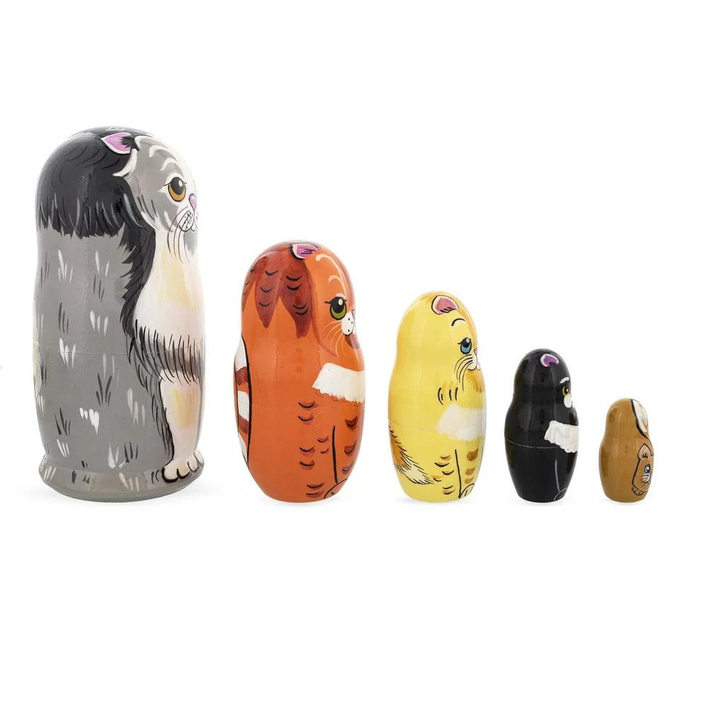 Set of 5 Cats Family Wooden Nesting Dolls 6 Inches - Image 3