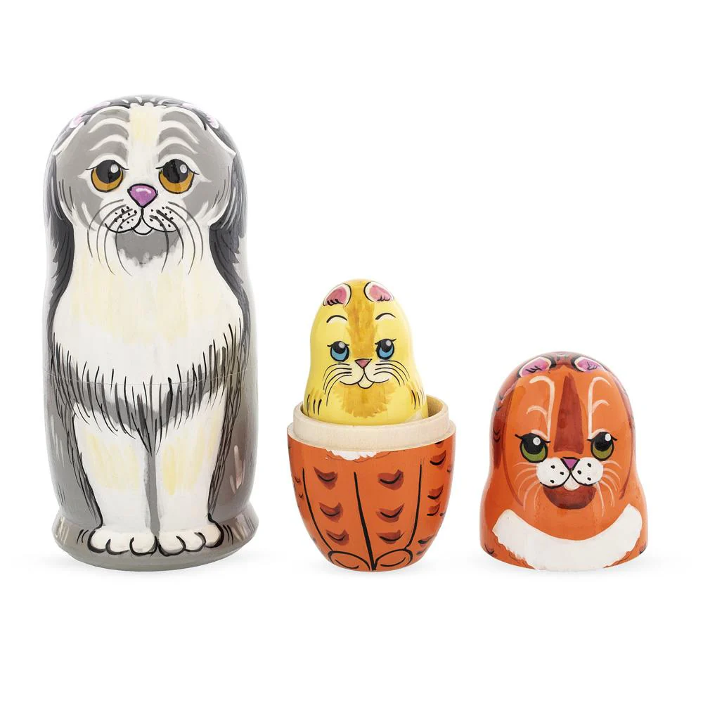 Set of 5 Cats Family Wooden Nesting Dolls 6 Inches - Image 4