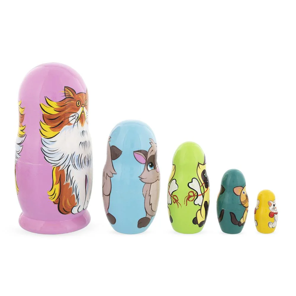 Set of 5 Colorful Cats Wooden Nesting Dolls 6 Inches - Image 2