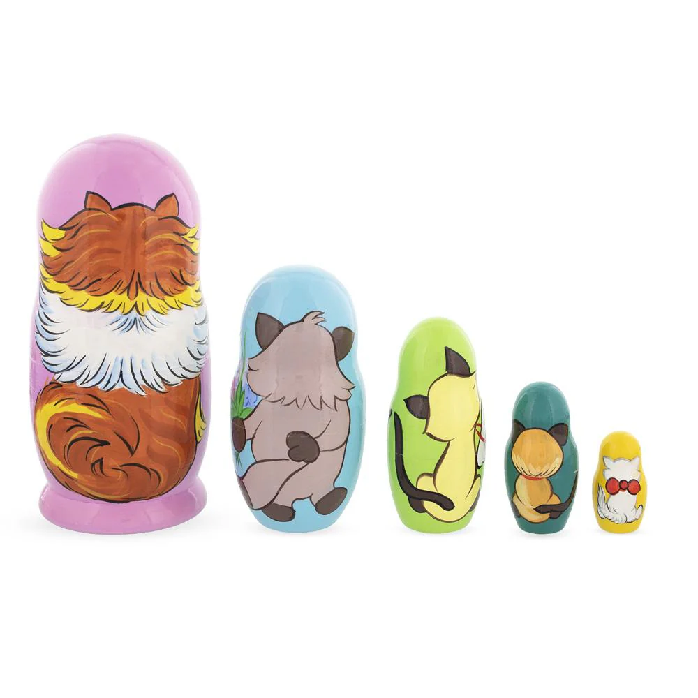 Set of 5 Colorful Cats Wooden Nesting Dolls 6 Inches - Image 3