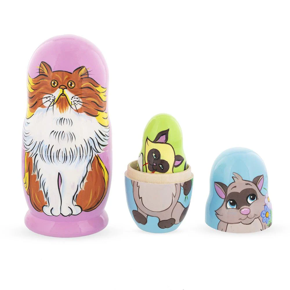 Set of 5 Colorful Cats Wooden Nesting Dolls 6 Inches - Image 4