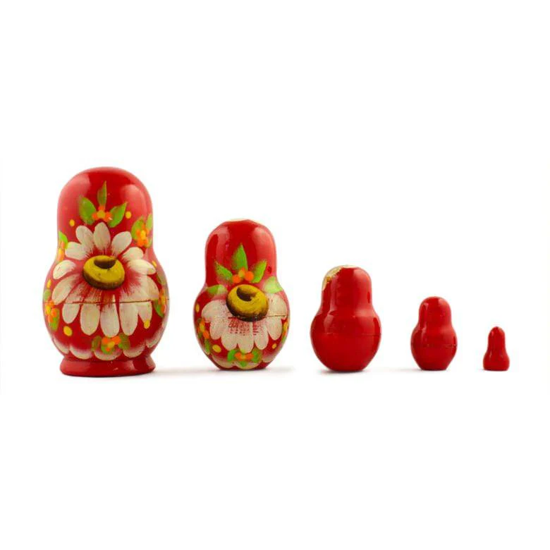 Set of 5 Daisy Flowers on Red Dress Nesting Dolls 3.5 Inches - Image 2