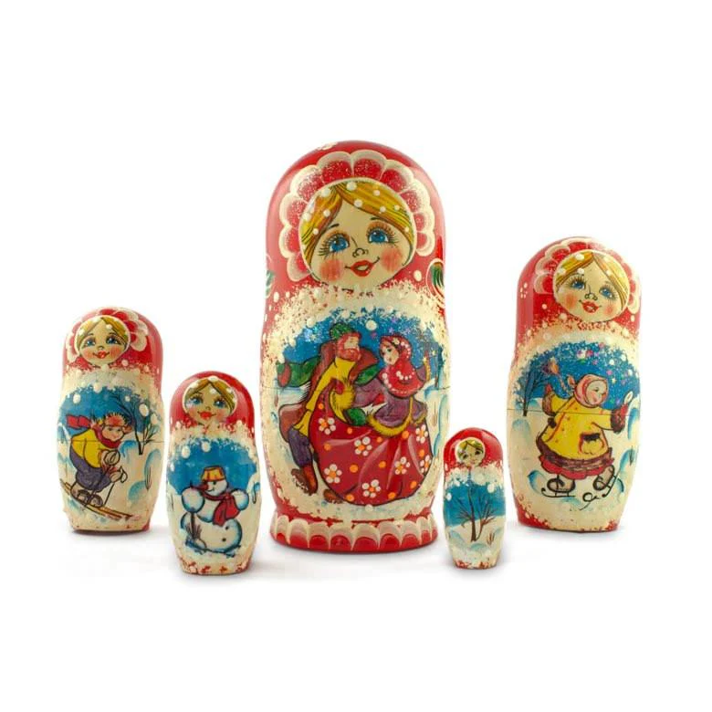 Set of 5 Dancing Couple in Winter Village Nesting Dolls 6.5 Inches - Image 3