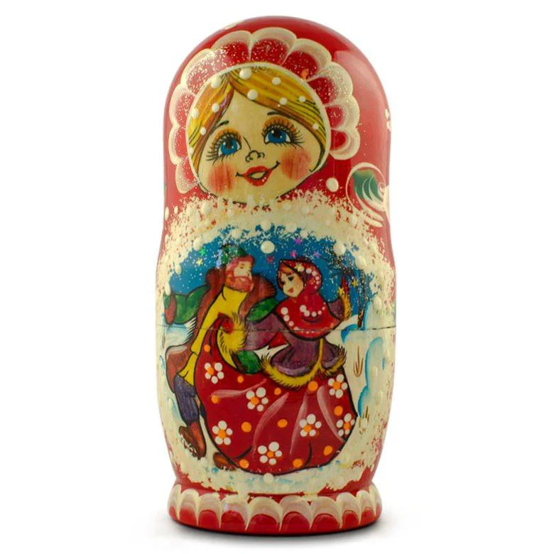 Set of 5 Dancing Couple in Winter Village Nesting Dolls 6.5 Inches - Image 4