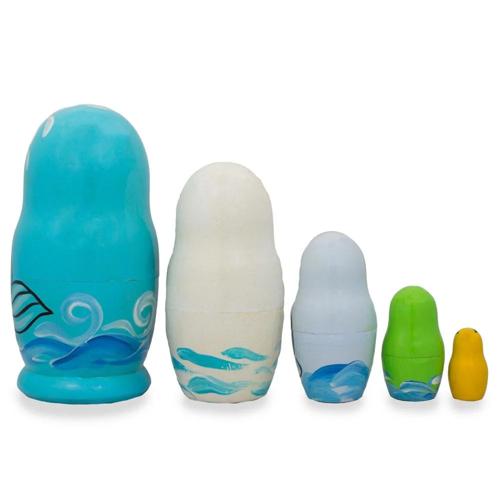 Set of 5 Dolphin, Whale, Seahorse Wooden Sea Animals Nesting Dolls 4.25 Inches - Image 2