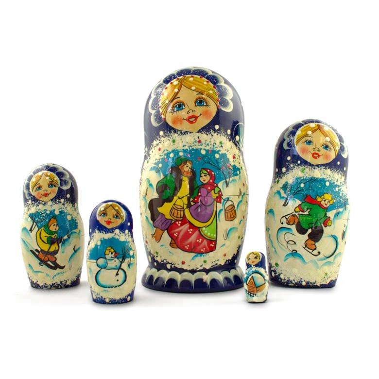 Set of 5 Family Christmas Celebration Wooden Nesting Dolls 6.5 Inches - Image 4