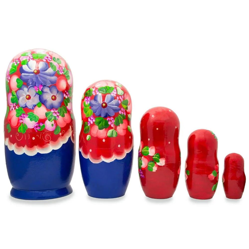 Set of 5 Flowers on Red Scarf Wooden Nesting Dolls 7.25 Inches - Image 2