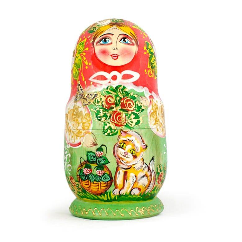 Set of 5 Girls with Cats Wooden Nesting Dolls 6.5 Inches - Image 3