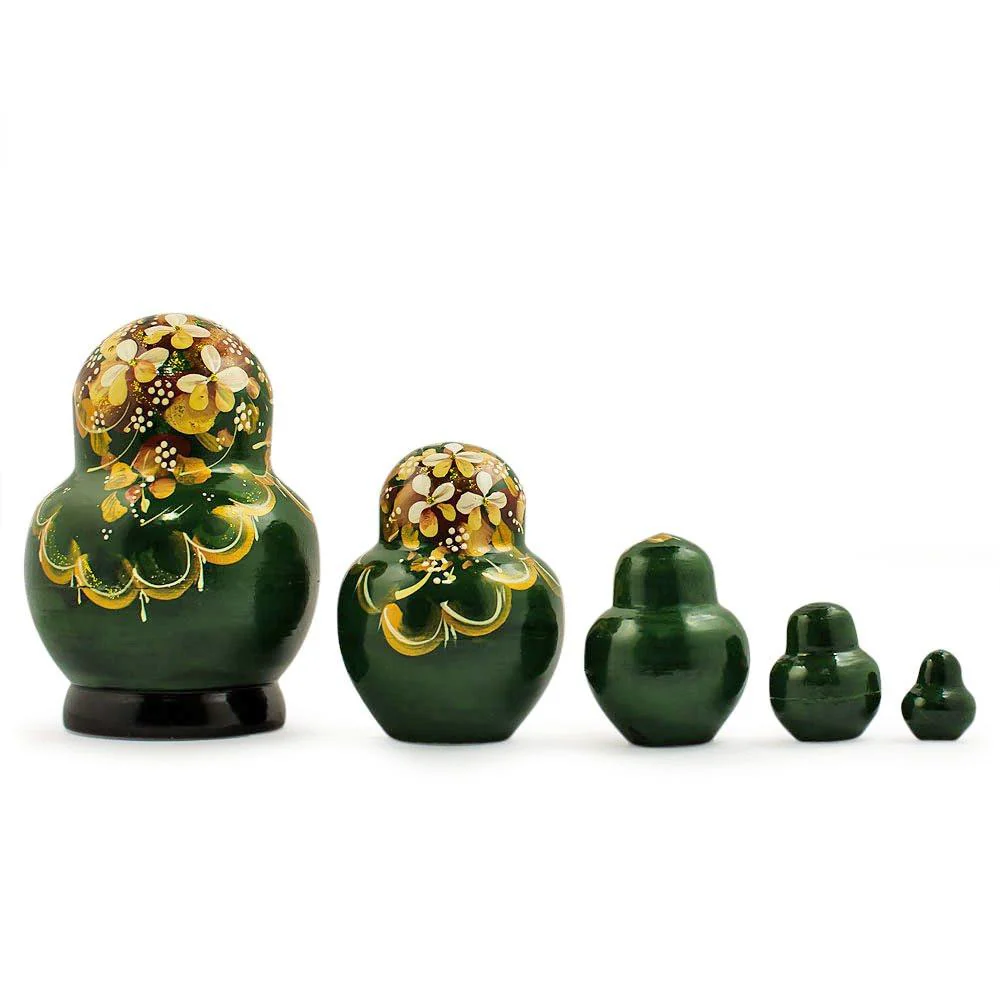 Set of 5 Golden Flowers on Red Dress Nesting Dolls  5 Inches - Image 2