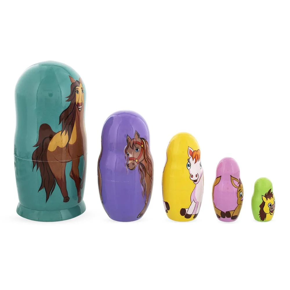 Set of 5 Horses Wooden Nesting Dolls 6 Inches - Image 2