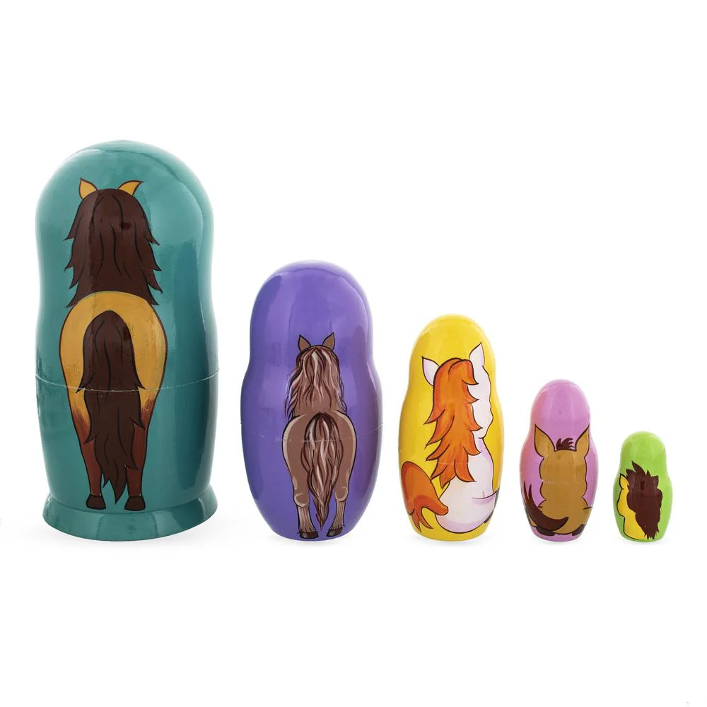 Set of 5 Horses Wooden Nesting Dolls 6 Inches - Image 3