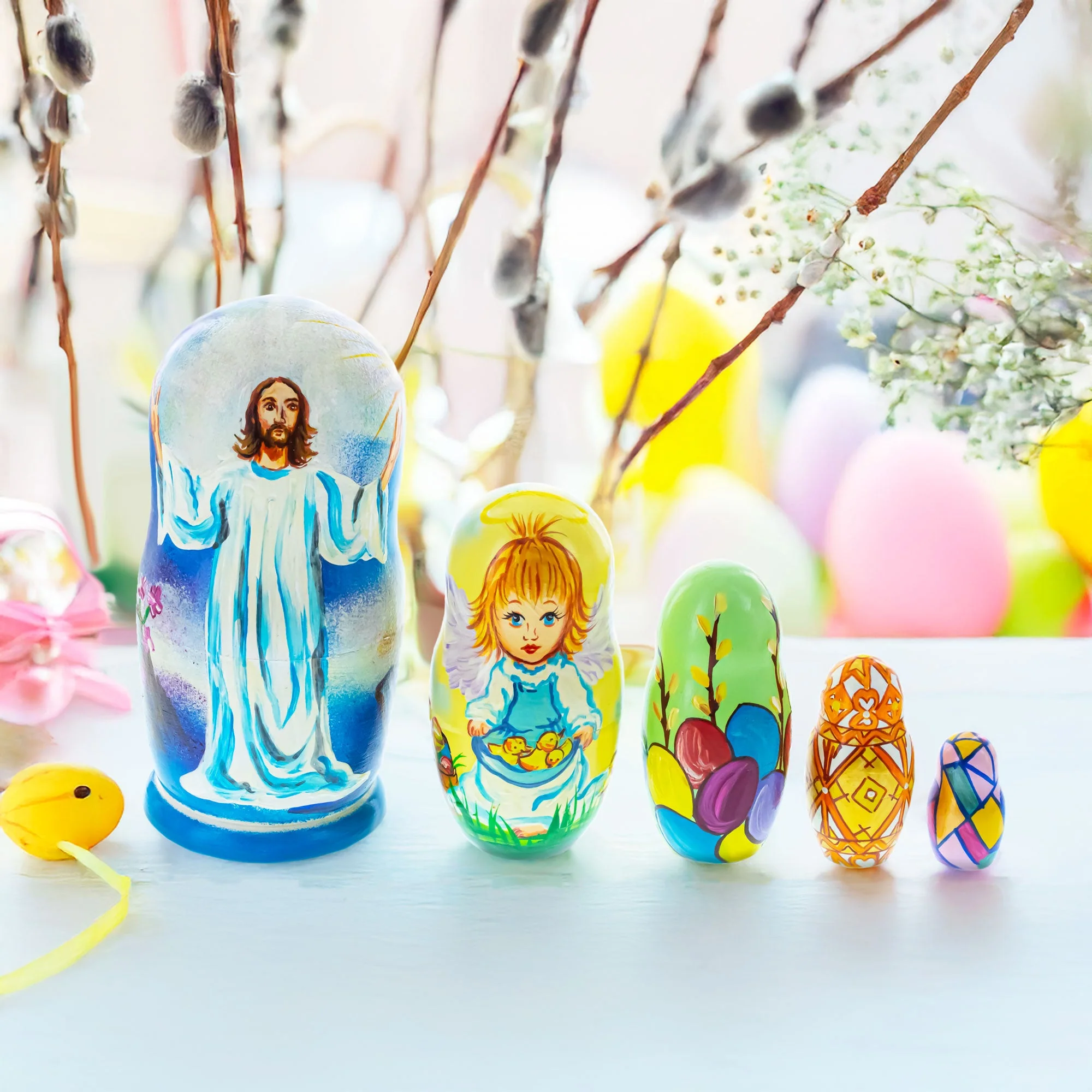 Set of 5 Jesus Christ Rising, Angel and Easter Eggs Wooden Nesting Dolls 6 Inches - Image 2