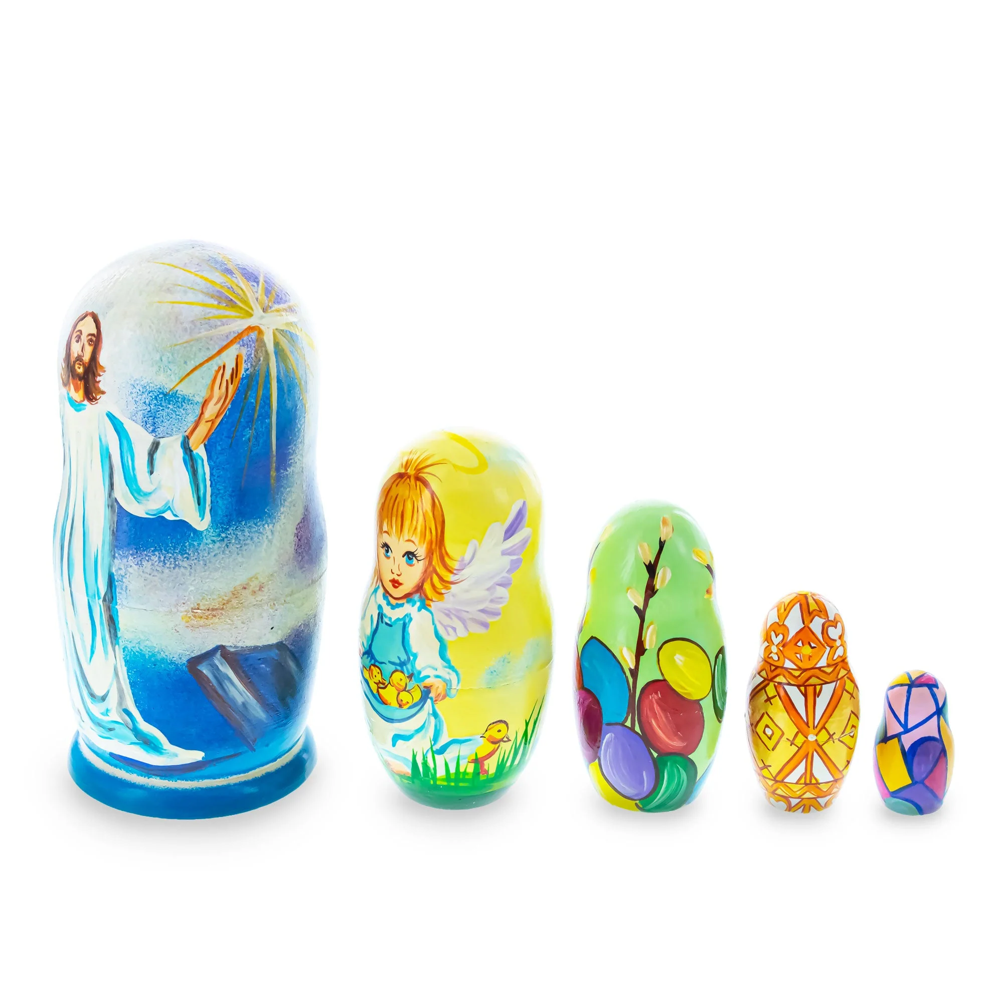 Set of 5 Jesus Christ Rising, Angel and Easter Eggs Wooden Nesting Dolls 6 Inches - Image 3