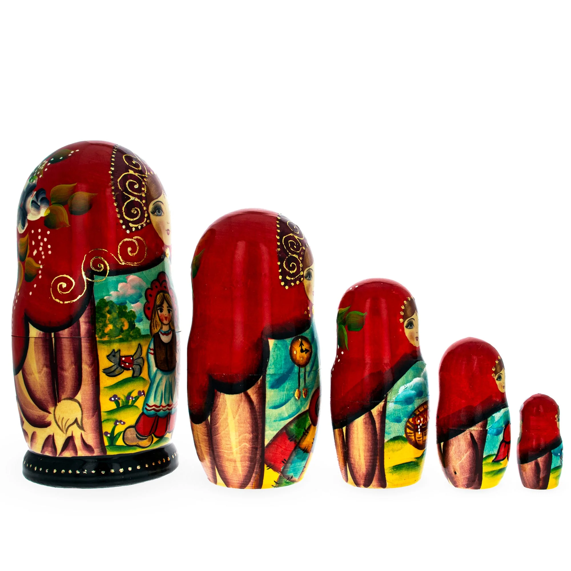 Set of 5 Little Red Riding Hood Wooden  Nesting Dolls 7 Inches - Image 3