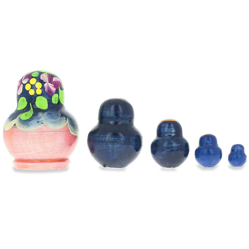 Set of 5 Miniature Blue Floral Nesting Dolls  1.75 Inches - Image 2