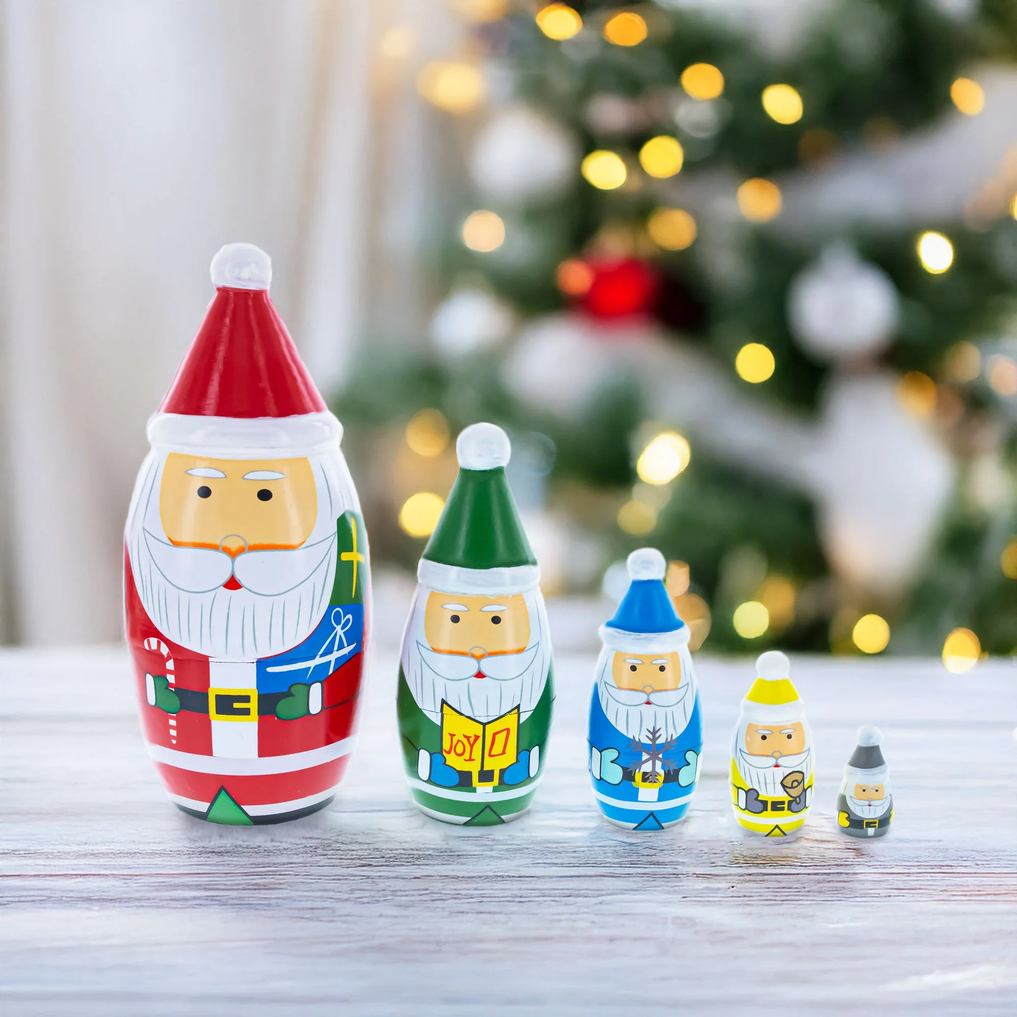Set of 5 Multicolor Santa with Christmas Gifts Wooden Nesting Dolls 5.5 Inches - Image 2