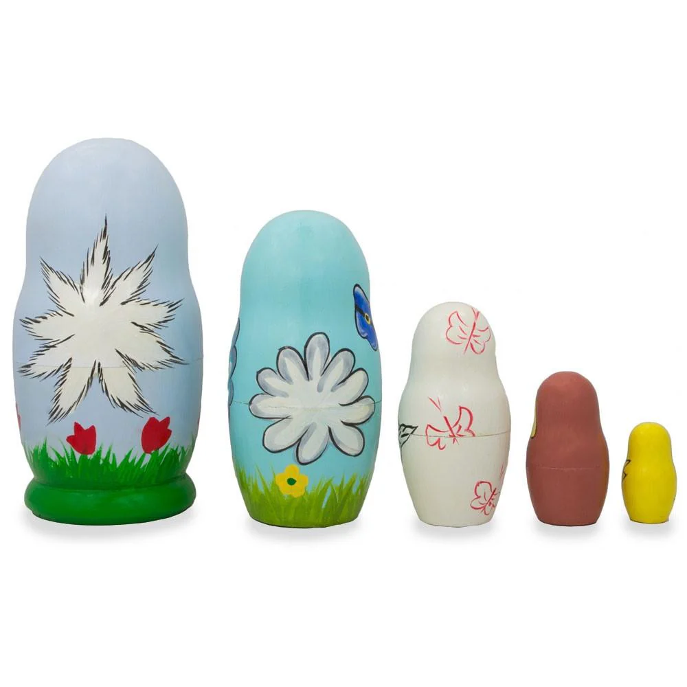 Set of 5 Ostrich, Turkey, Duck Birds Wooden Animal Nesting Dolls 4.25 Inches - Image 2
