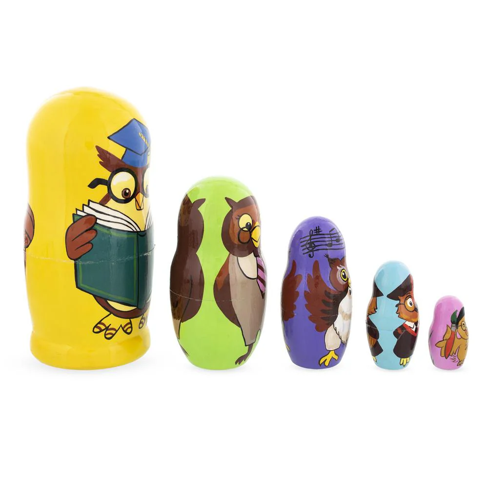 Set of 5 Owls Professors Wooden Nesting Dolls 6 Inches - Image 2