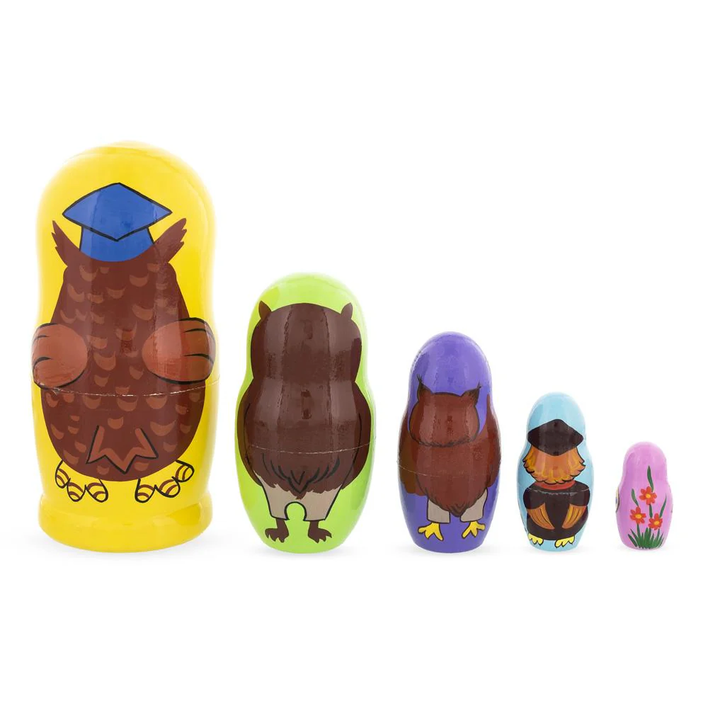 Set of 5 Owls Professors Wooden Nesting Dolls 6 Inches - Image 3