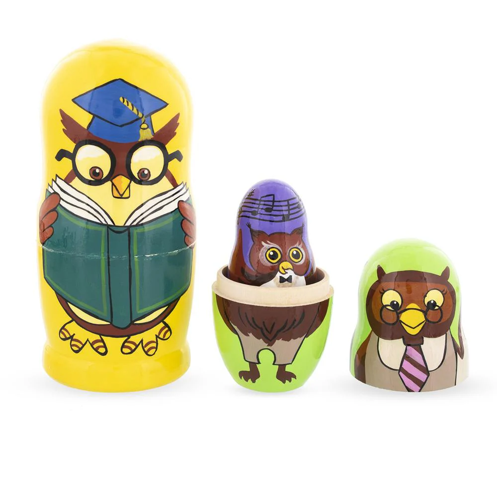 Set of 5 Owls Professors Wooden Nesting Dolls 6 Inches - Image 4