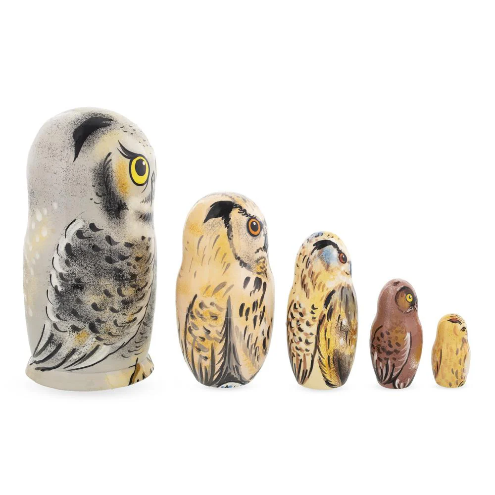 Set of 5 Owls Wooden Nesting Dolls 6 Inches - Image 2
