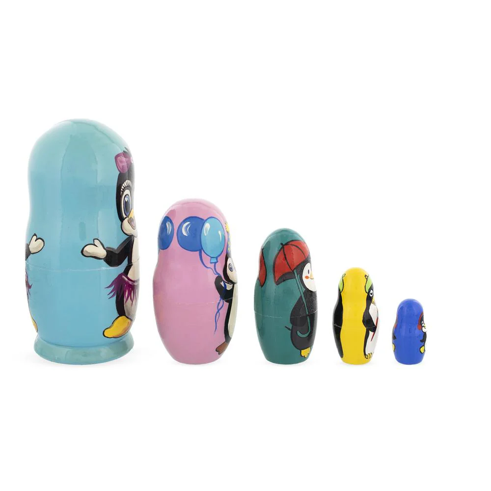 Set of 5 Penguins Wooden Nesting Dolls 6 Inches - Image 2
