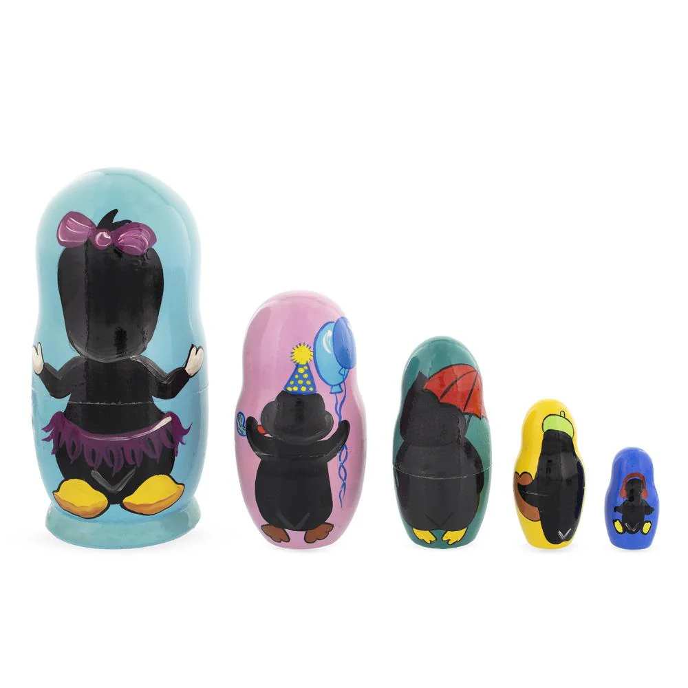 Set of 5 Penguins Wooden Nesting Dolls 6 Inches - Image 3