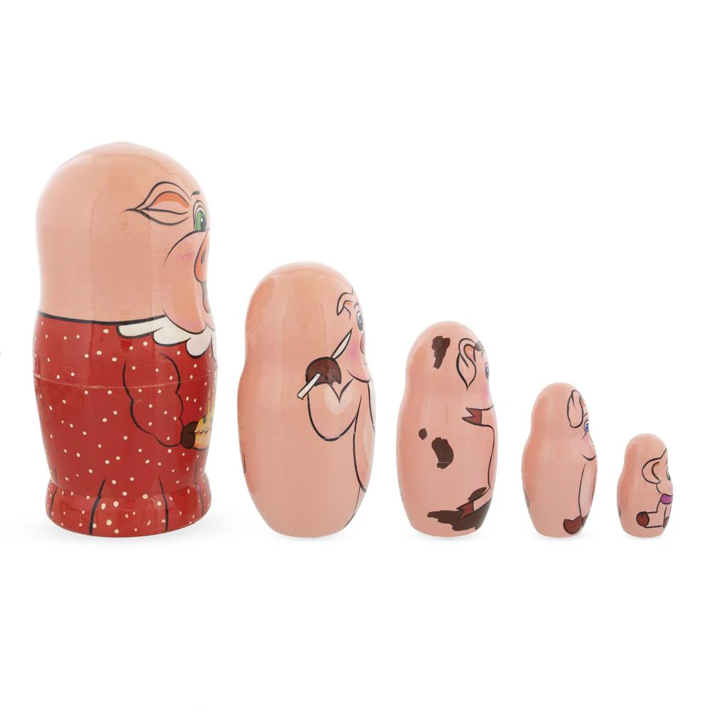Set of 5 Pigs Celebration Wooden Nesting Dolls 6 Inches - Image 2
