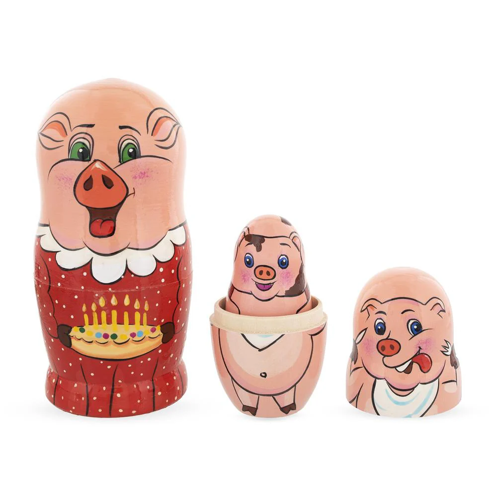 Set of 5 Pigs Celebration Wooden Nesting Dolls 6 Inches - Image 4