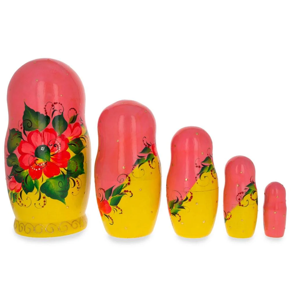 Set of 5 Pink Scarf and Yellow Dress Wooden Nesting Dolls 7 Inches - Image 2