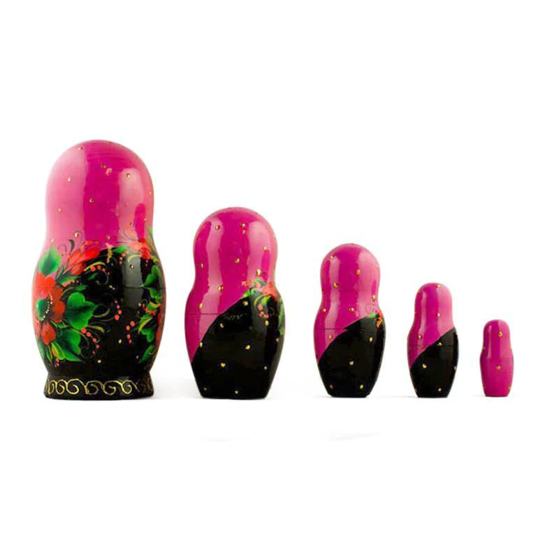 Set of 5 Pink Scarf with Poppy Flowers  Nesting Dolls 7 Inches - Image 2