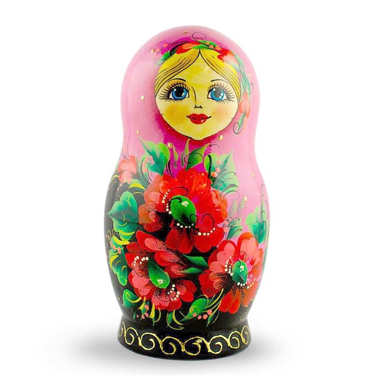 Set of 5 Pink Scarf with Poppy Flowers  Nesting Dolls 7 Inches - Image 3