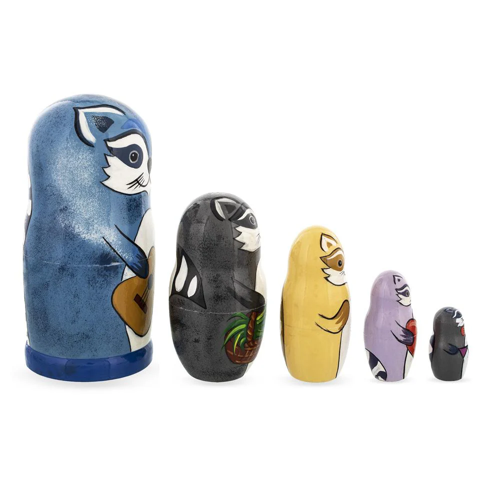 Set of 5 Raccoon Family Wooden Nesting Dolls 6 Inches - Image 2