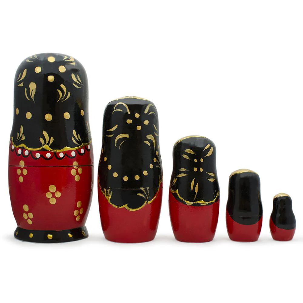 Set of 5 Red & Black Wooden Nesting Dolls Matryoshka 6.5 Inches - Image 2