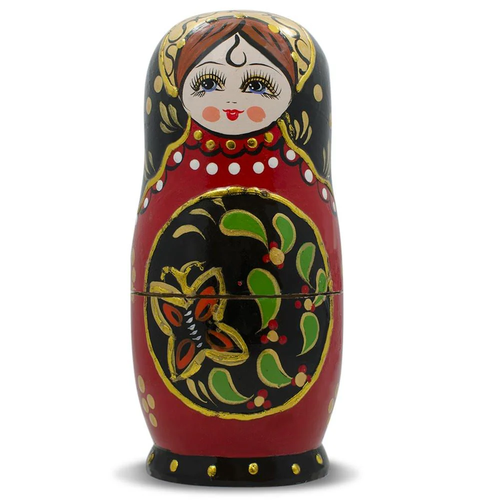 Set of 5 Red & Black Wooden Nesting Dolls Matryoshka 6.5 Inches - Image 3