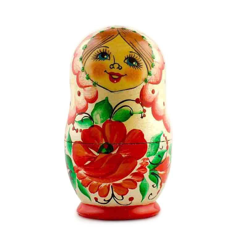 Set of 5 Red Poppy Flowers Dress Wooden Nesting Dolls 3.5 Inches - Image 3