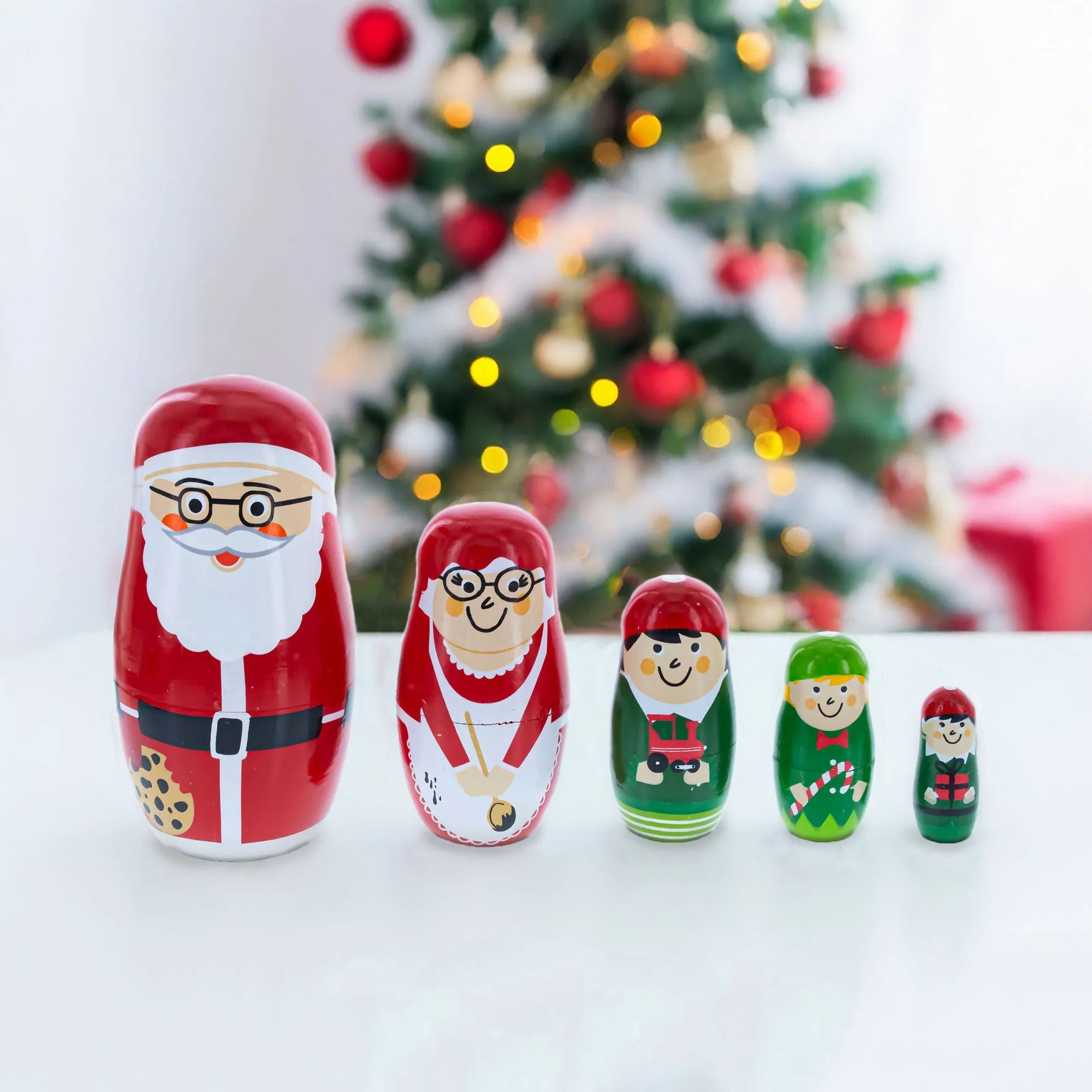 Set of 5 Santa, Mrs. Claus, Elf & Snowman Wooden Nesting Dolls 4.75 Inches - Image 2