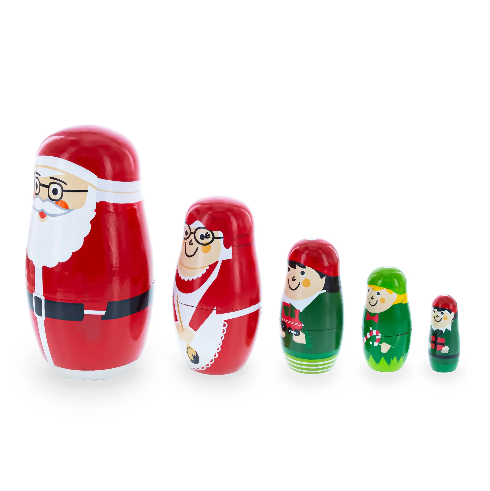 Set of 5 Santa, Mrs. Claus, Elf & Snowman Wooden Nesting Dolls 4.75 Inches - Image 4