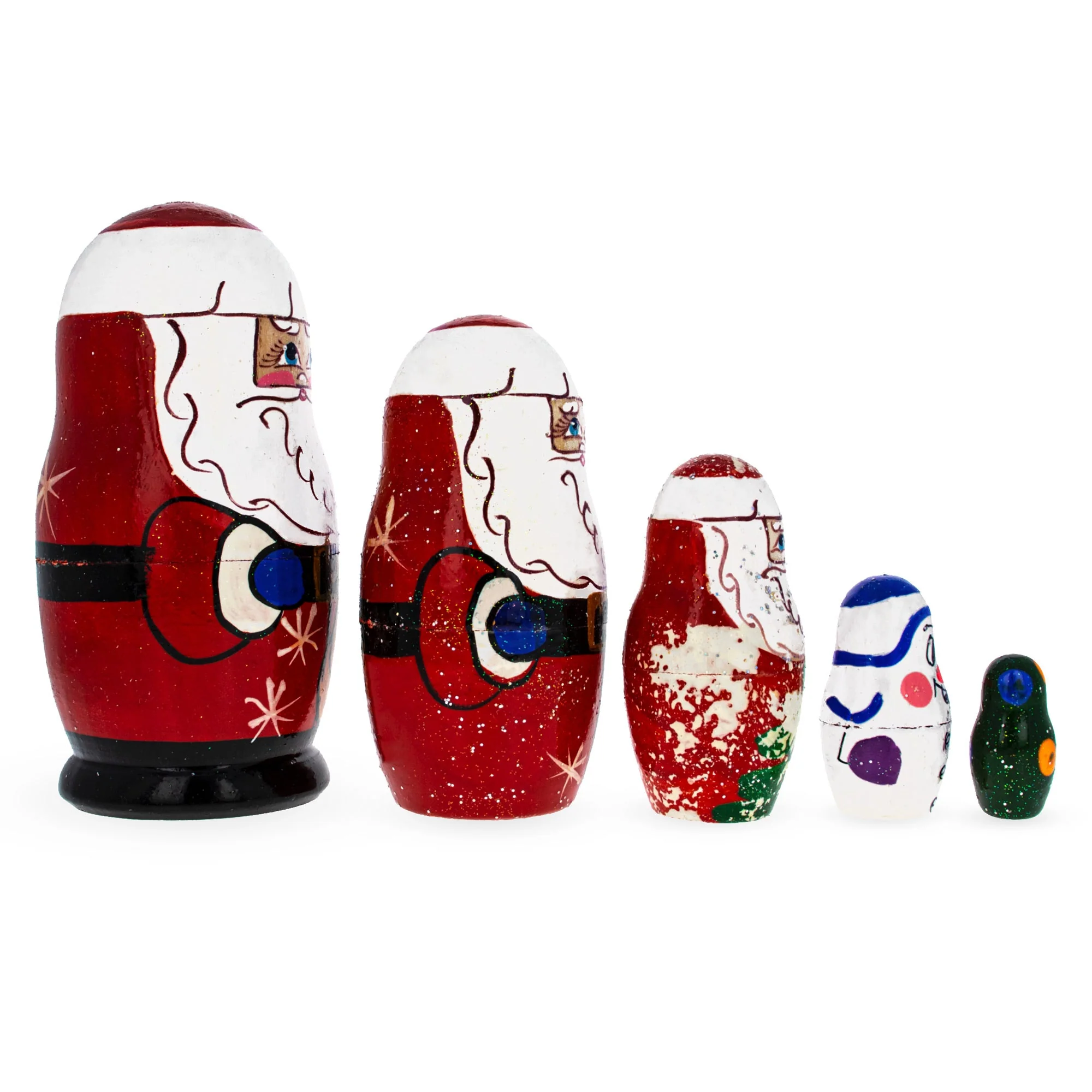 Set of 5 Santa, Snowman and Christmas Tree Wooden Nesting Dolls - Image 2