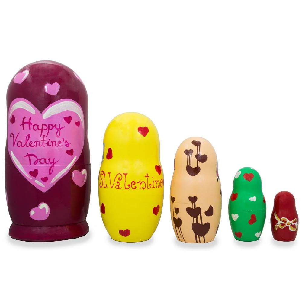 Set of 5 St. Valentine's Day Cupid Love Wooden Nesting Dolls 6 Inches - Image 2